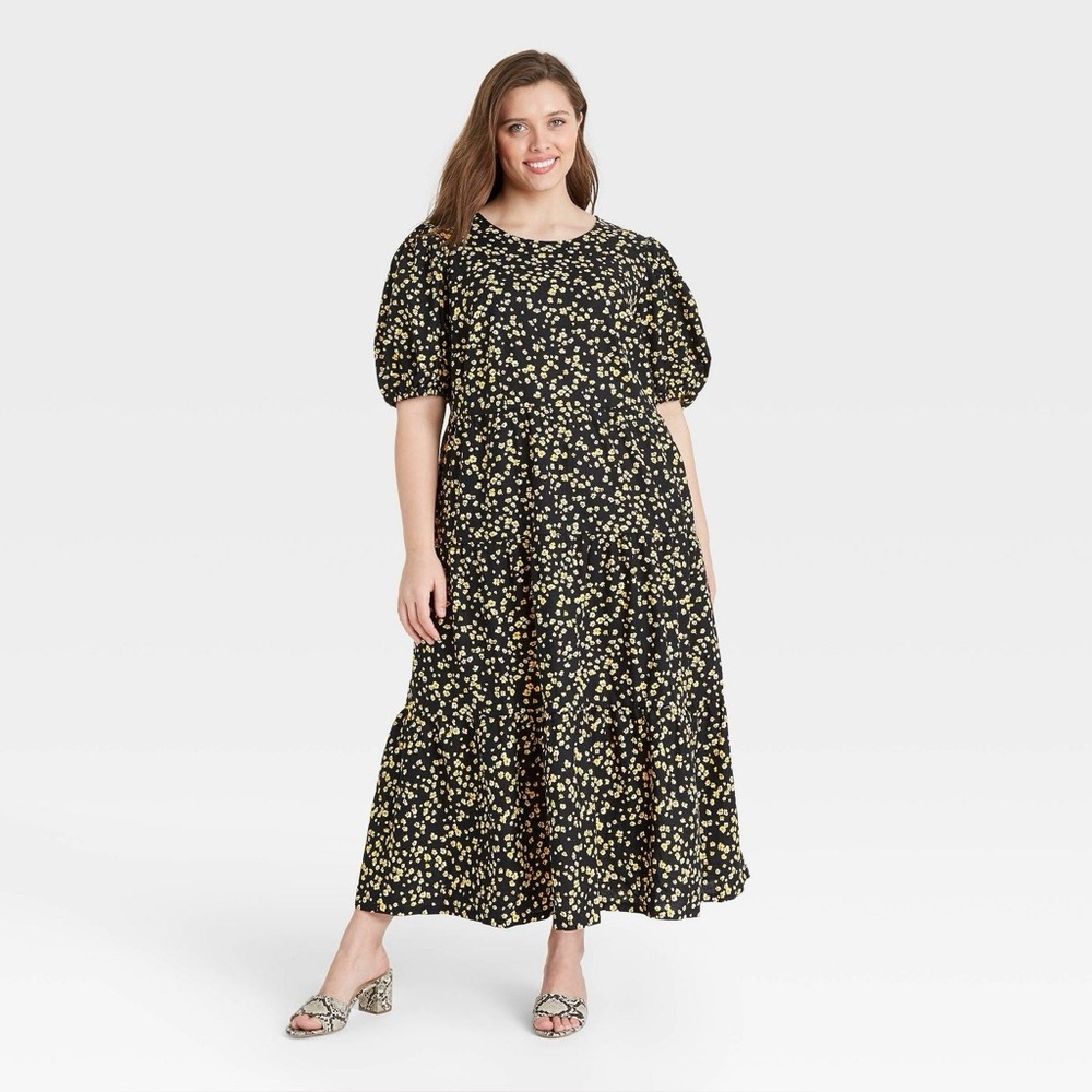 Who What Wear Black Puff-Sleeve Tiered Maxi Dress with Yellow Floral Print XXL